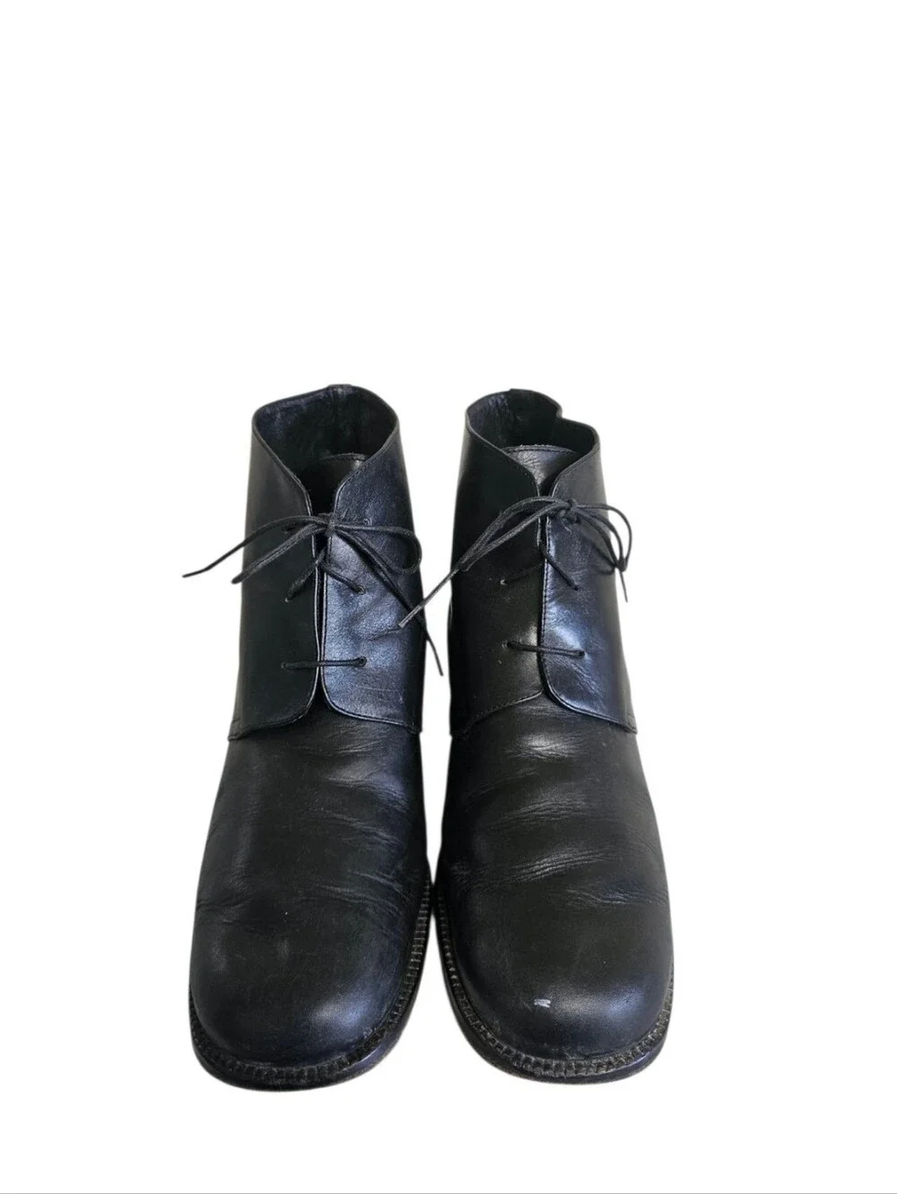 Crew Black Leather Square Toe Block Heel Lace Up Ankle Boots 10M Made In Italy